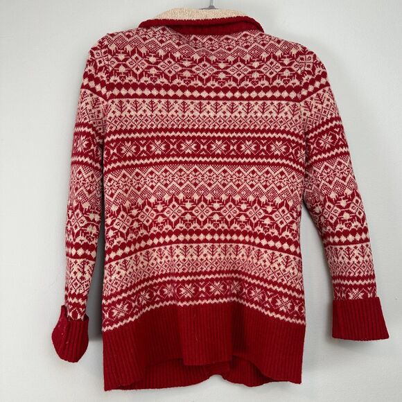 Eddie Bauer Cardigan Womens Small Red Fair Isle Lambswool Sweater Christmas Cozy - Picture 6 of 11